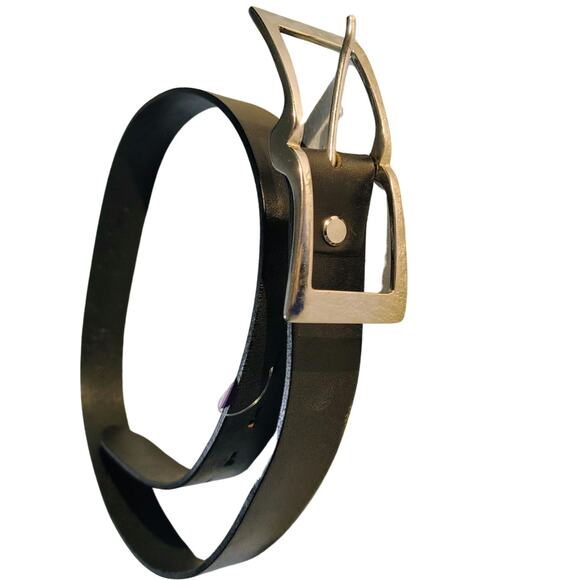 Italian Made Black Leather Belt Rectangular Silver Pull Through Buckle Size 32 - Picture 2 of 6